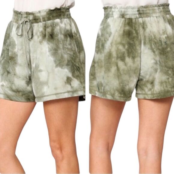 Tie Dye Knit Flowy High Waist Shorts w/ Tie & Pockets | Green & White - Picture 1 of 7